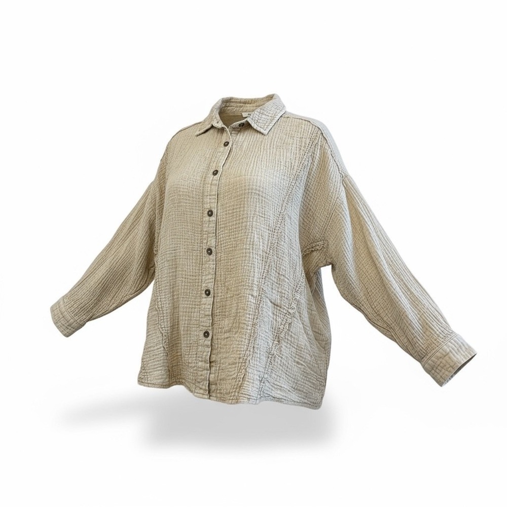 Easel Women's Beige Textured Crinkle Gauze Button Up Shirt Top Medium